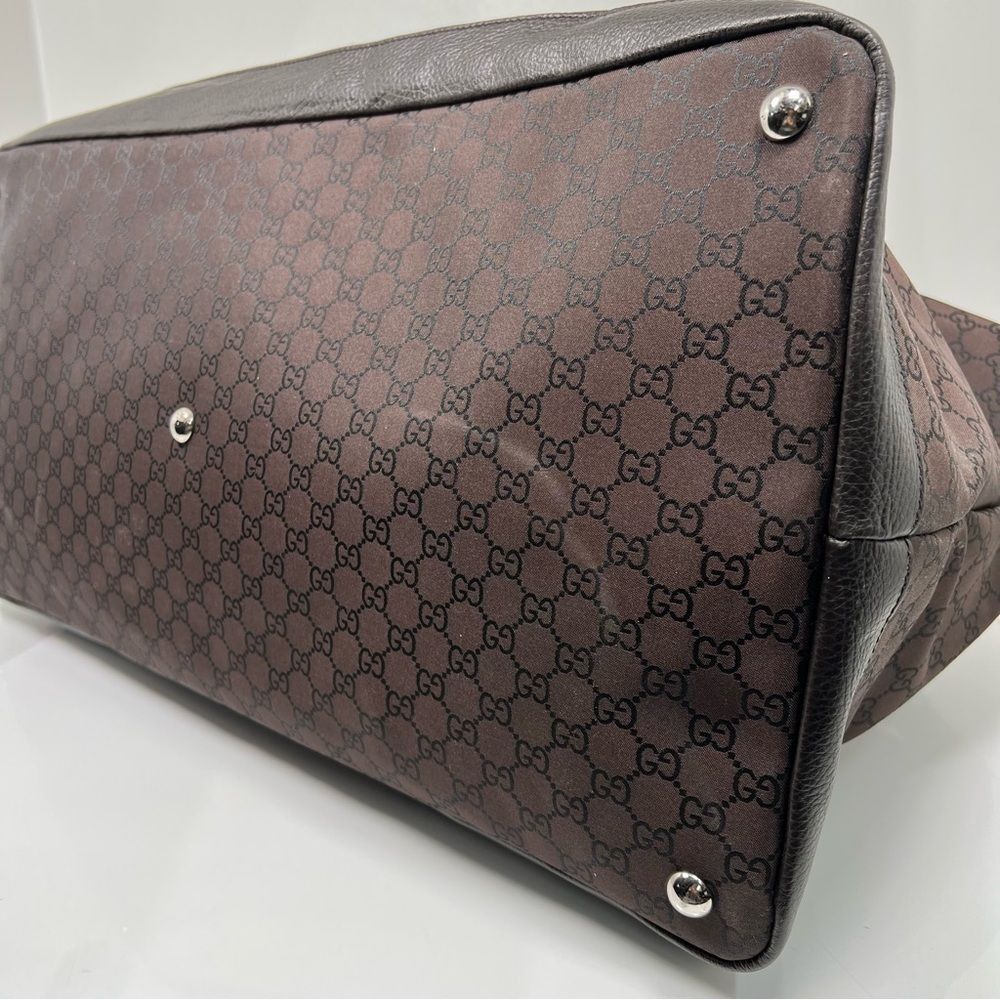 Gucci Monogram GG Nylon Boston Duffle Travel Bag Leather Brown 2Way105669 - Picture 7 of 15